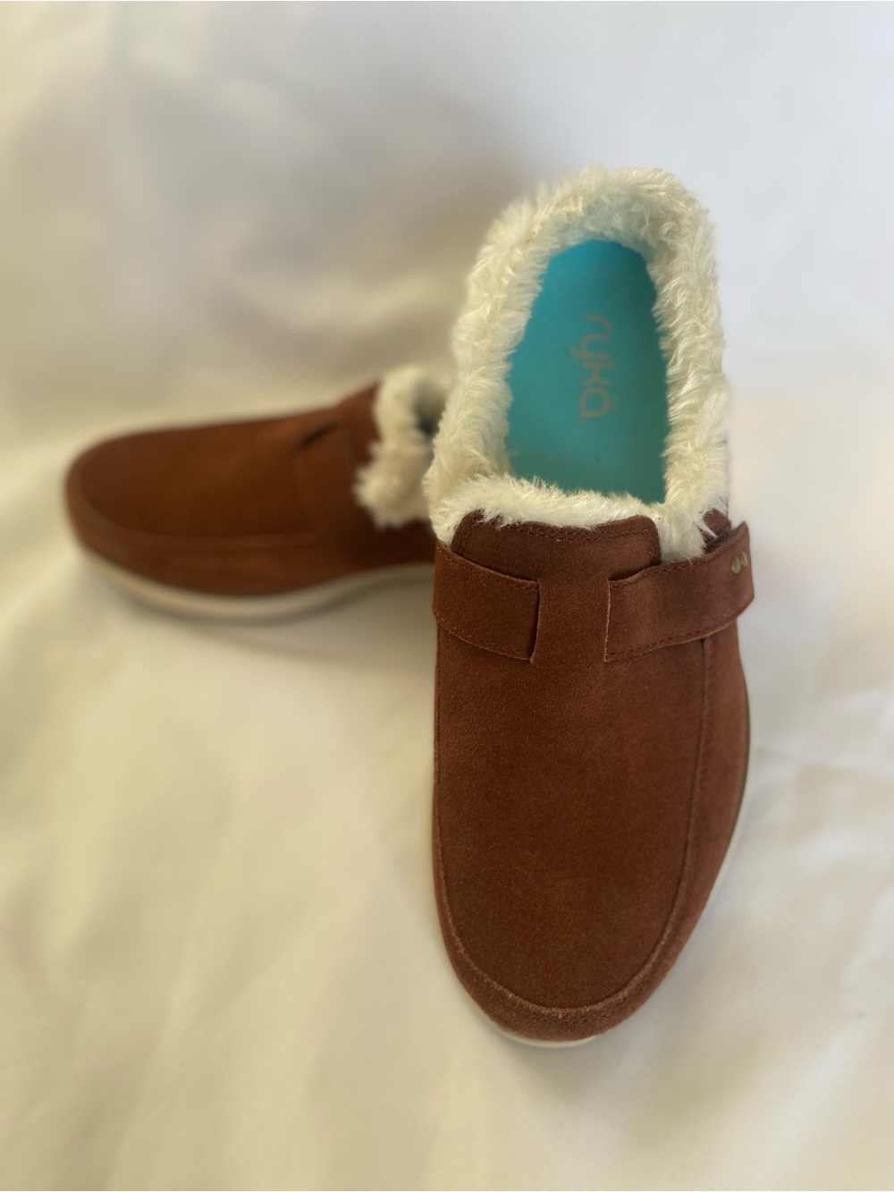 Ryka Women’s Chestnut Brown Suede Faux-Fur Lined Mules